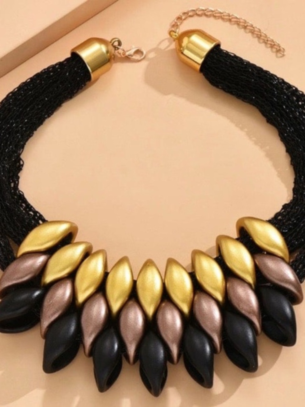 Womens Multi Strand Mesh Black Pendant Statement Necklace